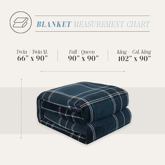 Elegant Comfort Luxury Velvety Feel Blanket, All-Season Lightweight Blanket, Ultra Plush, Soft, Cozy-Fuzzy Flannel Fleece for Couch, Sofa, Bed, Travel, Plaid Design, Full/Queen, Navy