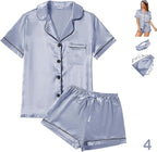 WJing Yi Jia 4Pcs Womens Satin Silky Pajama Sets Short Sleeve Shirt XS-4XL Floral Pajamas Set Soft PJ Loungewear Sleepwear
