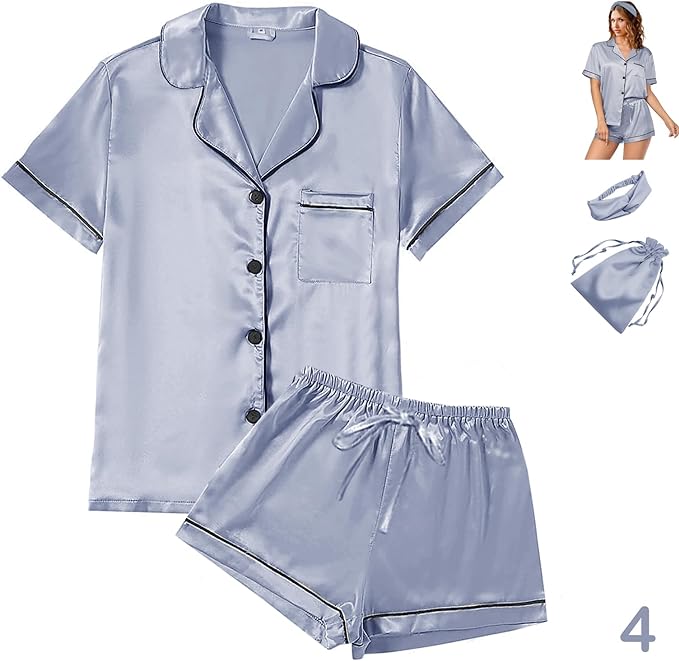 WJing Yi Jia 4Pcs Womens Satin Silky Pajama Sets Short Sleeve Shirt XS-4XL Floral Pajamas Set Soft PJ Loungewear Sleepwear