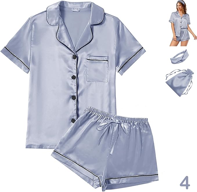 WJing Yi Jia 4Pcs Womens Satin Silky Pajama Sets Short Sleeve Shirt XS-4XL Floral Pajamas Set Soft PJ Loungewear Sleepwear