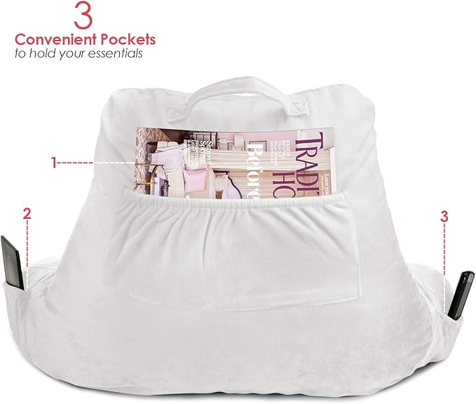 Clara Clark Reading Pillow with Shredded Memory Foam for Sitting Up in Bed and Couch, Back and Arms Adjustable Support for Adults & Teens Backrest Pillows for Reading, with Washable Cover White