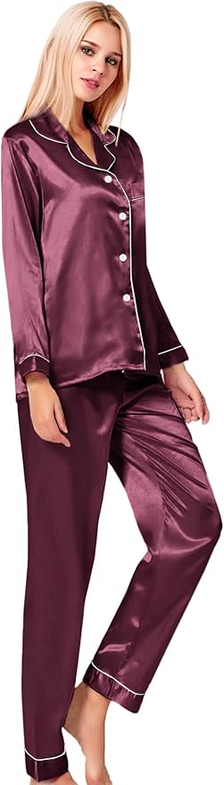 SWOMOG Womens Silk Satin Pajamas Set Long Sleeve Button Down Sleepwear 2 Piece Lounge Set Pj Set XS-3XL