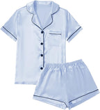 LYANER Women's Silky Satin Pajamas Set Short Sleeve Button Down Shirt With Shorts Pjs Set Sleepwear