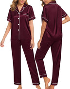 SWOMOG Women Satin Pajamas Set Short Sleeve Top & Pants Sleepwear Silky Button Down Nightwear 2pcs Loungewear Pjs Set
