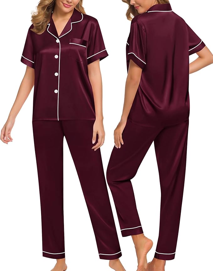 SWOMOG Women Satin Pajamas Set Short Sleeve Top & Pants Sleepwear Silky Button Down Nightwear 2pcs Loungewear Pjs Set