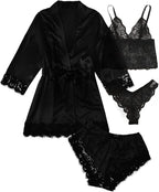 WDIRARA Women' Silk Satin Pajamas Set 4pcs Lingerie Floral Lace Cami Sleepwear with Robe
