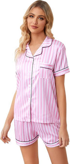 Umeyda Women & Girls Pajamas Set, Soft Satin Lightweight Silk Button-Down Top with Shorts 2 Piece PJS for Mom Boys Kids Gifts
