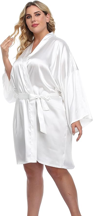 Women's Plus Size Short Silky Bathrobes Satin Kimono Robes Bride Bridesmaid Loungewear Soft Nightgown