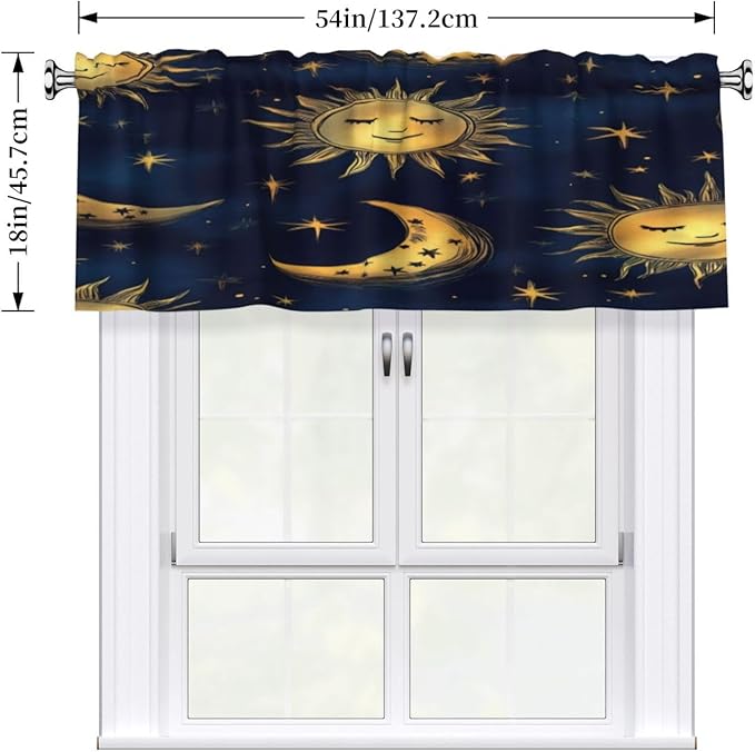 Whimsical Night Sky Pattern Illustration Curtain Valance Peach Skin Velvet Printed Window Valance with Rod Pocket Light Filtering for Kitchen Bathroom 54x18in
