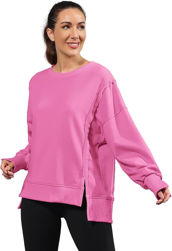 Nirovien Womens Oversized Crewneck Sweatshirt Side Slit Long Sleeve Pullover Slouchy Fit Tops