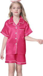 Umeyda Women & Girls Pajamas Set, Soft Satin Lightweight Silk Button-Down Top with Shorts 2 Piece PJS for Mom Boys Kids Gifts
