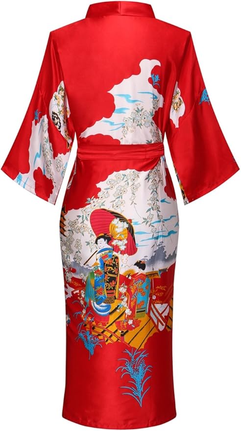 Valennia Women Long Silky Bathrobe Satin Kimono Robe Floral Printed Dressing Gown Sleepwear