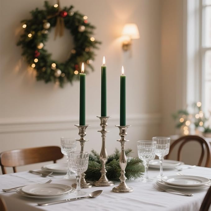12-Pack Hunter Green Taper Candles, 10 Inch Unscented Dripless Candlesticks, Long-Lasting Burn Time of 7-8 Hours, Perfect for Christmas Home Décor Spring and St. Patrick's Day