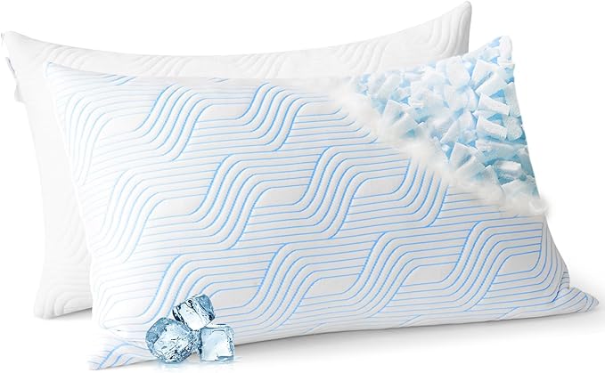 Cooling Bed Pillows for Sleeping 2 Pack Shredded Memory Foam Pillows Standard Size Set of 2 Adjustable Supportive Pillow for Back Stomach Side Sleepers Washable Removable Cover