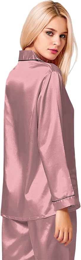 SWOMOG Womens Silk Satin Pajamas Set Long Sleeve Button Down Sleepwear 2 Piece Lounge Set Pj Set XS-3XL