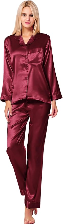 SWOMOG Long Sleeve Pajamas Set Silk Satin Sleepwear Button Down Pjs Loungewear with Pocket