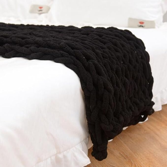 Wttfc Chunky Knit Throw Blanket, Handmade Soft Chenille Yarn Throw Blanket, Thick Cable Knitted Blankets, Large Rope Knot Crochet Blankets for Couch Sofa Bed Home Decor,Black,100x200cm