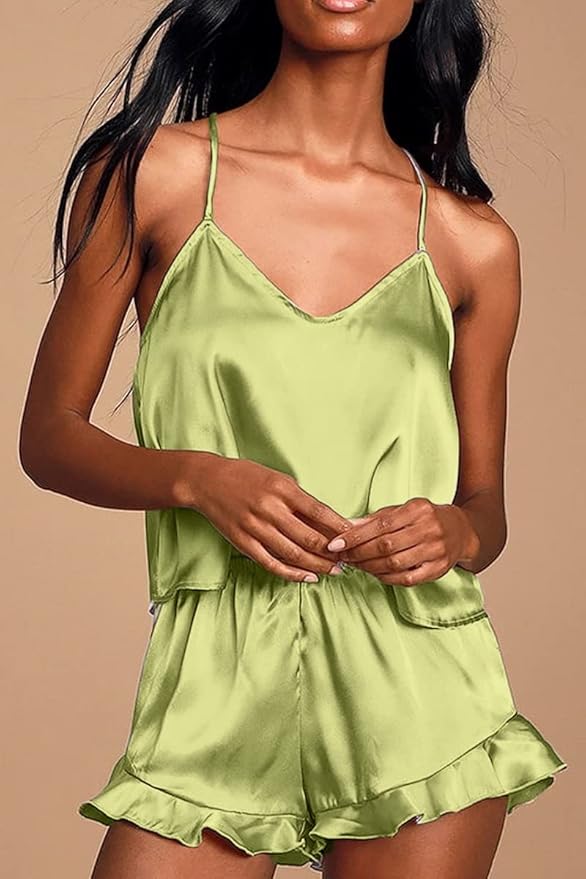 CHYRII Women's Sexy Silk Satin Ruffled Pajamas Sets Cami Shorts Sets Sleepwear
