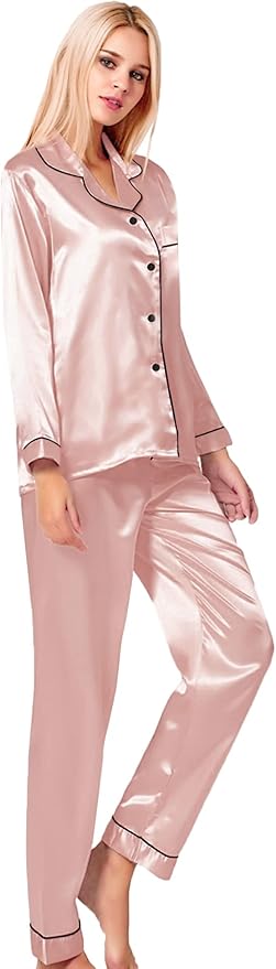 SWOMOG Womens Silk Satin Pajamas Set Long Sleeve Button Down Sleepwear 2 Piece Lounge Set Pj Set XS-3XL