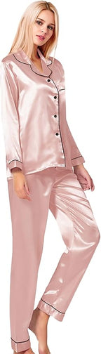 SWOMOG Womens Silk Satin Pajamas Set Long Sleeve Button Down Sleepwear 2 Piece Lounge Set Pj Set XS-3XL