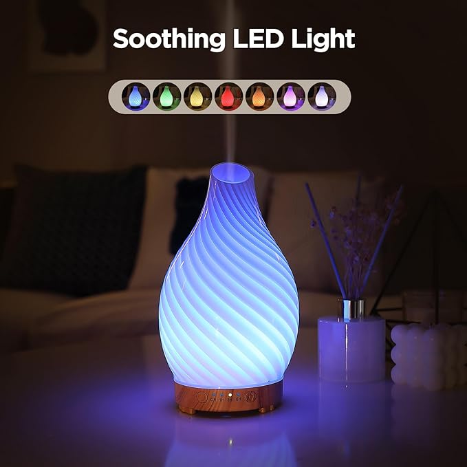 INRORANS Art Glass Essential Oil Diffuser - 160ml Ultrasonic Cool Mist Scent Aroma Aromatherapy Diffuser, Intermittent with Auto Shut-Off Timer Setting &7 Colors Night Light for Home -Ethereal Time