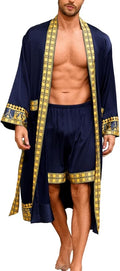 ChiaoLezhee Men's Luxury Silky Robe & Shorts Set, 2PC Lightweight Satin Pajamas with Pockets, Opulent Baroque Kimono Gifts