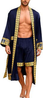 ChiaoLezhee Men's Luxury Silky Robe & Shorts Set, 2PC Lightweight Satin Pajamas with Pockets, Opulent Baroque Kimono Gifts