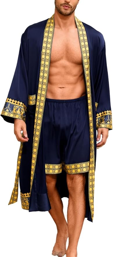 ChiaoLezhee Men's Luxury Silky Robe & Shorts Set, 2PC Lightweight Satin Pajamas with Pockets, Opulent Baroque Kimono Gifts