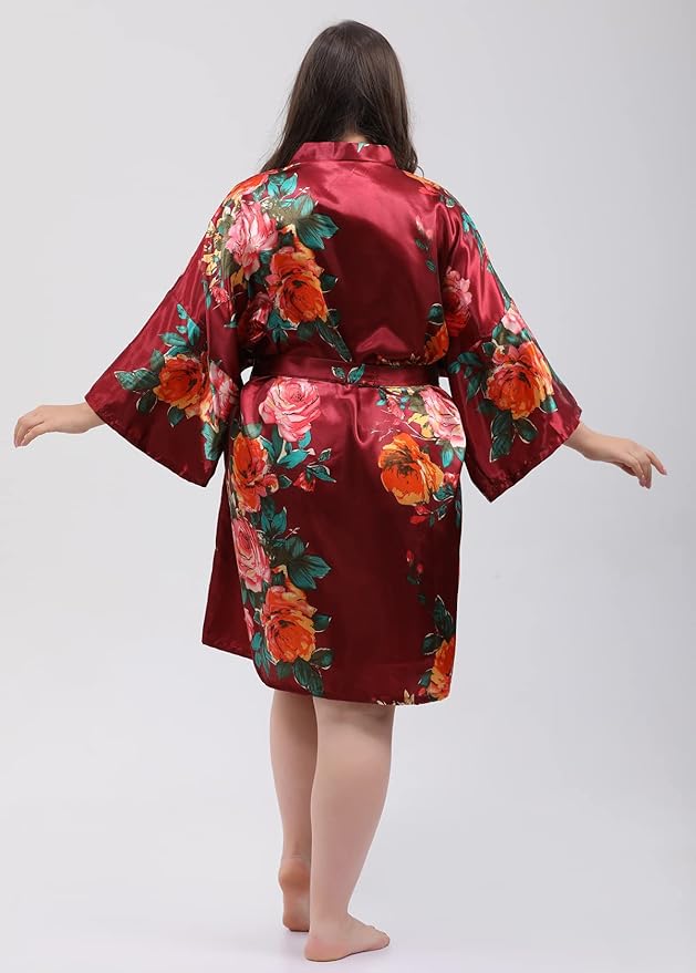 QXQTER Peony Floral Silky Satin Robe Wedding Bridal Party Bride Bridesmaid Robes for Women Dressing Gown Kimono Robe