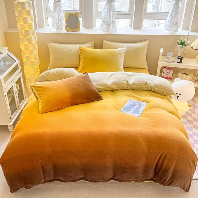 CLOTHKNOW Orange Yellow King Size Comforter Set 3Pcs Velvet Bedding Sets Soft Dark Yellow Comforter with 2 x Pillow Cases