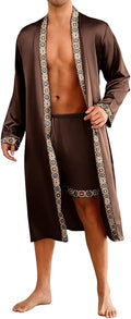 ChiaoLezhee Mens Satin Bath Robe with Shorts Set, Silk Paisley Kimono Lightweight, Soft Long Sleeve Sleepwear