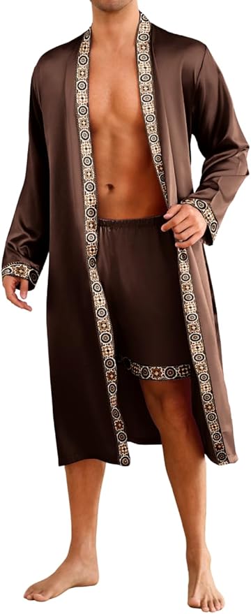 ChiaoLezhee Mens Satin Bath Robe with Shorts Set, Silk Paisley Kimono Lightweight, Soft Long Sleeve Sleepwear