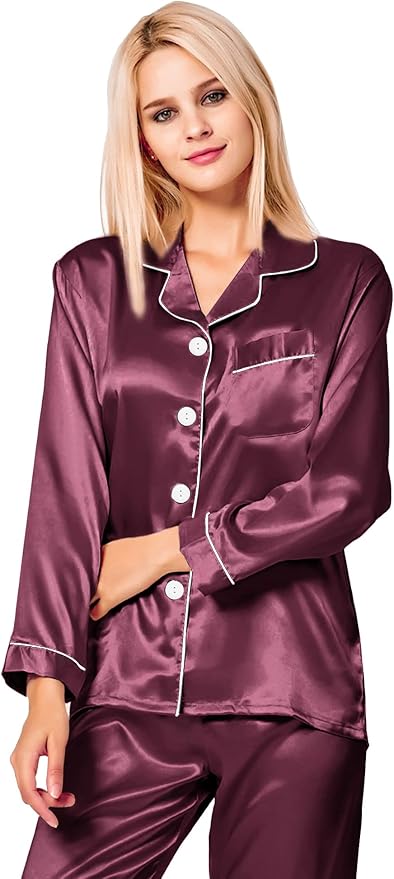 SWOMOG Womens Silk Satin Pajamas Set Long Sleeve Button Down Sleepwear 2 Piece Lounge Set Pj Set XS-3XL