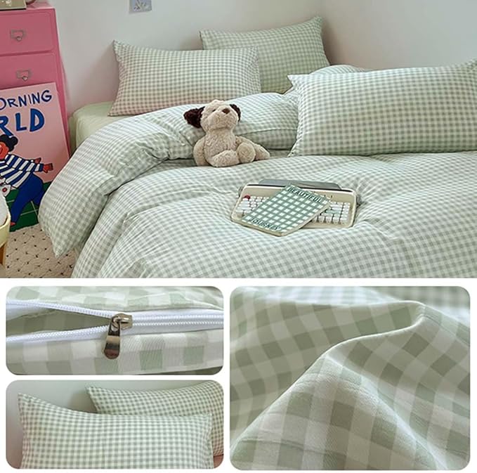 Nayoroom Green Gingham Duvet Cover Queen Size Plaid Checkered Duvet Cover Girls Dorm Bedding Set 3 Pieces Soft Lightweight Washed Microfiber Farmhouse Bedding with Pillowcases