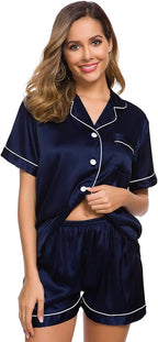 SWOMOG Womens Silk Satin Pajamas Set Short Sleeve Sleepwear Button Down Top and Shorts Loungewear 2 Piece Pjs Set XS-3XL