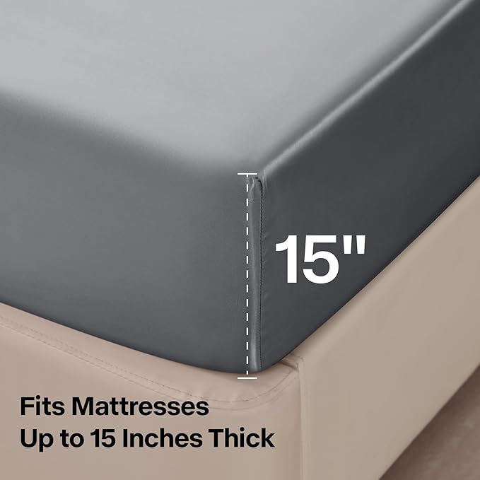 BEDELITE Satin Sheets Full XL Size Bed Set, Luxury Soft Dark Grey Silky Sheets for Hair and Skin, Similar to Silk Bed Sheets Set 4 Pieces with 1 Deep Pocket Fitted Sheet, 1 Flat Sheet, 2 Pillowcases