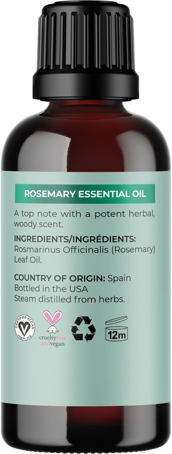Pure Rosemary Oil for Hair Skin and Nails - 100% Pure Undiluted Rosemary Essential Oil with Dropper for Topical Uses Aromatherapy Diffusing and Home and Beauty DIYs - Vegan and Cruelty Free (1 Fl Oz)
