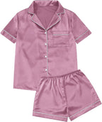 Silk Pajamas for Women Satin Womens PJ Set 2 Piece Short Lounge Set Summer Sleepwear Notch Collar Button-Down Pjs