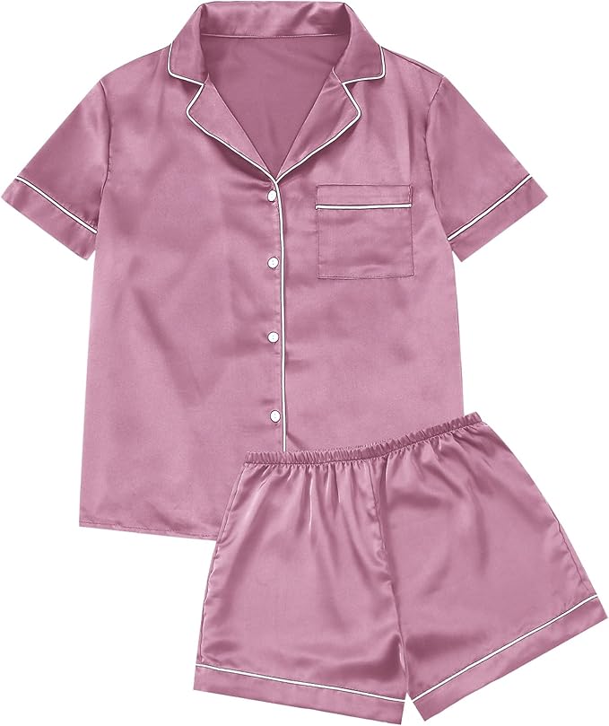 Silk Pajamas for Women Satin Womens PJ Set 2 Piece Short Lounge Set Summer Sleepwear Notch Collar Button-Down Pjs