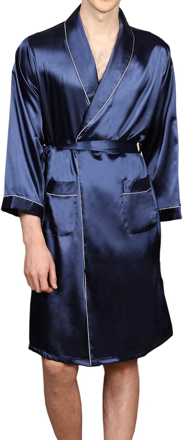 Mens Satin Robe,Silk Long Sleeve House Kimono Bathrobe,Soft Loungewear Dragon Robe