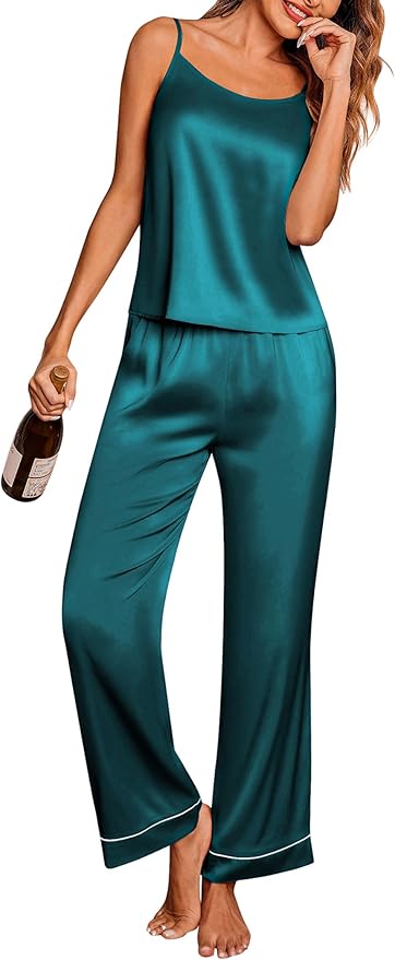 Ekouaer Women Silk Satin Pajamas Sleeveless Pjs Set 2 Piece Summer Loungewear Sleepwear with Pockets S-XXL