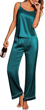 Ekouaer Women Silk Satin Pajamas Sleeveless Pjs Set 2 Piece Summer Loungewear Sleepwear with Pockets S-XXL