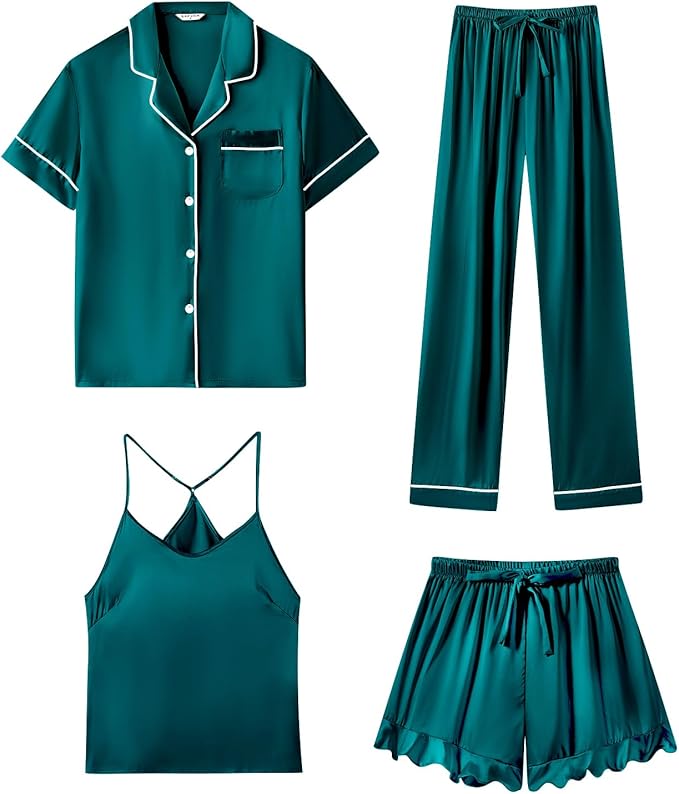 SAPJON Silk Pajamas for Women Set 4Pcs Ruffled Satin Pajamas Set Button Down Short Sleeve Cami Shorts Sleepwear Pj Set