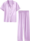 Umeyda Girls Womens Pajamas Set, Satin Silky Button Down Loungewear 2 Piece Short Sleeve Pants PJS Sets for Mommy Kids