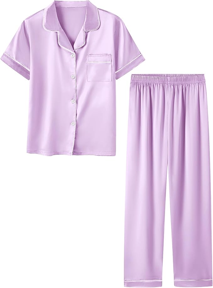 Umeyda Girls Womens Pajamas Set, Satin Silky Button Down Loungewear 2 Piece Short Sleeve Pants PJS Sets for Mommy Kids