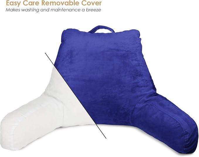 Clara Clark Reading Pillow with Shredded Memory Foam for Sitting Up in Bed and Couch, Back and Arms Adjustable Support for Adults & Teens Backrest Pillows for Reading, with Washable Cover Royal Blue