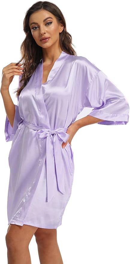 Women's Pure Short Kimono Robes Bride Bridesmaids Silky Bathrobe Lightweight Satin Sleepwear