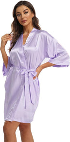 Women's Pure Short Kimono Robes Bride Bridesmaids Silky Bathrobe Lightweight Satin Sleepwear
