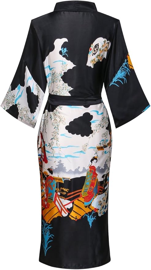 Valennia Women Long Silky Bathrobe Satin Kimono Robe Floral Printed Dressing Gown Sleepwear
