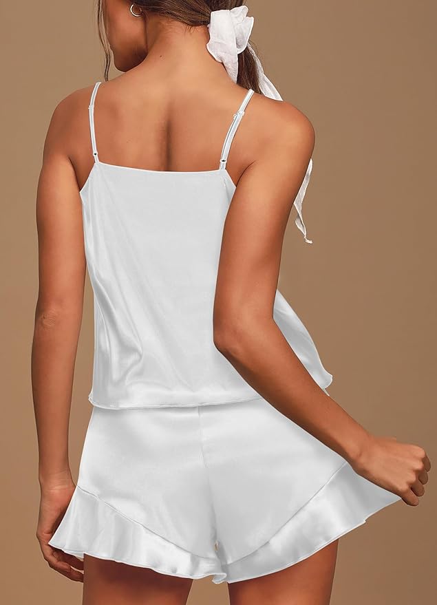 Aamikast Womens Silk Satin Pajama Sets Sexy Cami Ruffled Shorts Sets 2 Piece Pjs Sleepwear